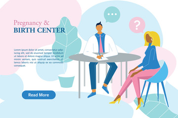 Pregnant woman in the maternity hospital talking with gynecologist vector banner. Female having consultation in the pregnancy and birth center. 
