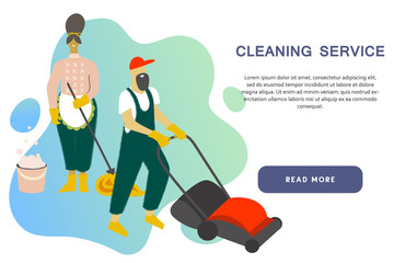 Cleaning service modern concept for your banner, advertisement, flyer or website with the place for your text. Cleaning team in uniform performs various types of works during household chores.