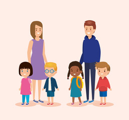 girl and boy teens with children and casual clothes