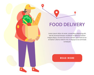 Deliveryman on the way to customer on the abstract background. Courier delivers fresh food and vegetables. Online food delivery service banner concept with the place for your text. 
