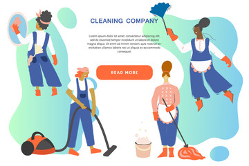 Cleaning service modern concept for your banner, advertisement, flyer or website with the place for your text. Cleaning team in uniform performs various types of works during household chores.