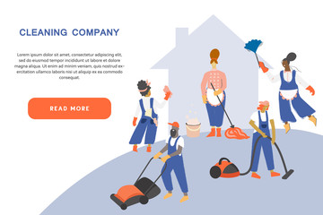 Cleaning service modern concept for your banner, advertisement, flyer or website with the place for your text. Cleaning team in uniform performs various types of works during household chores