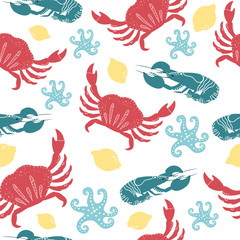 Set of colorful hand drawn seafood elements: crawfish, lobster, crab, shrimps, lemon, octopus, crustaceans. Freehand marine products perfect for shop or restaurant menu, flyer, banner and print design