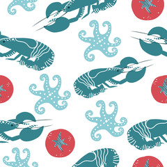 Hand drawn seafood pattern with lobster, octopus, tomato. Freehand marine products perfect for shop or restaurant menu, flyer, banner and print design.