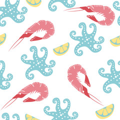 Hand drawn seafood pattern with salmon, shrimps and lemon. Freehand marine products perfect for shop or restaurant menu, flyer, banner and print design. 