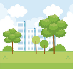 cityscape with building and trees with nature bushes