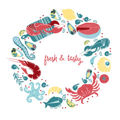 Set of colorful hand drawn seafood elements: crawfish, lobster, crab, shrimps, lemon, octopus, shells, oysters, salmon, fish and spicies, crustaceans. Freehand vector for restaurant menu or banner