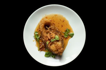 Fried Fish with Chilli on dish white.