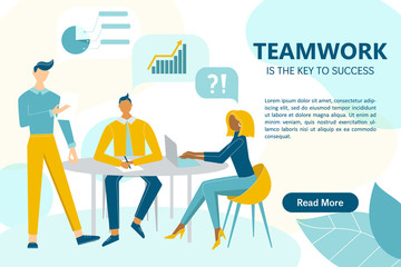 Teamwork concept web banner with the place for your text. People work together in the office on the abstract background. Vector illustration for websites, web pages design and mobile apps. 