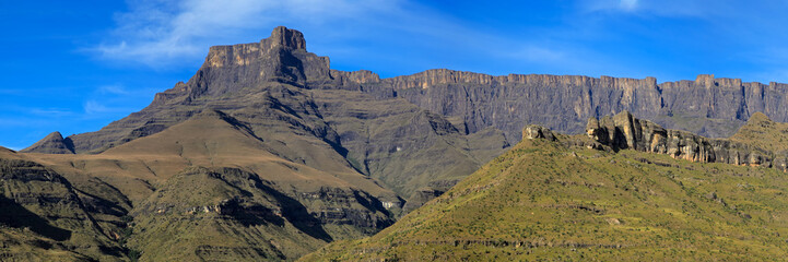 Panoramic view the amphitheater of the Drakensberg mountains, Royal Natal National Park, South Africa.