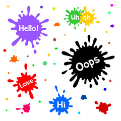 Set of multicolored blots with inscriptions isolated on white background