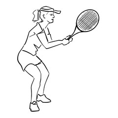 Obraz na płótnie Canvas Female tennis player with racket. Isolated black contour. Vector graphic illustration. Abstract hand drawn silhouette. Girl is playing tennis. Athlete in active pose. Professional sport or hobby.