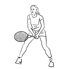 Female tennis player with racket. Isolated black contour. Vector graphic illustration. Abstract hand drawn silhouette. Girl is playing tennis. Athlete in active pose. Professional sport or hobby.