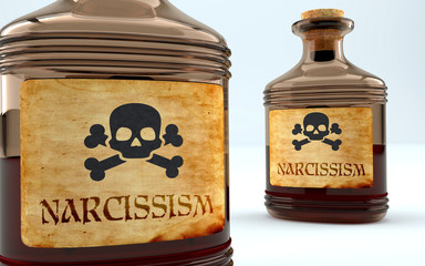 Dangers and harms of narcissism pictured as a poison bottle with word narcissism, symbolizes negative aspects and bad effects of unhealthy narcissism, 3d illustration