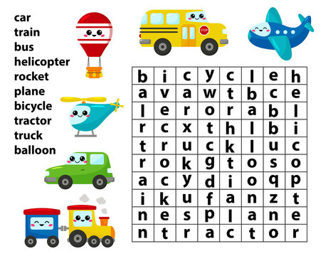 Word search game. Learn english words. For preschool kids activity worksheet. Cute kawaii cartoon vector transport characters.