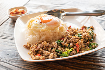 Fried rice with minced pork basil and fried egg