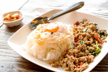 Fried rice with minced pork basil and fried egg