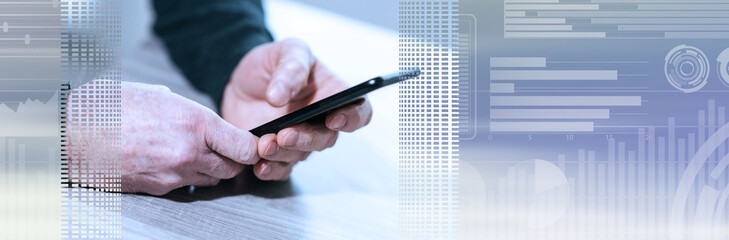 Male hands using a smartphone. panoramic banner