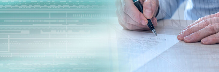 Man signing a contract, light effect, double exposure. panoramic banner