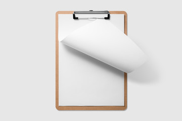 Mockup of wooden clipboard with folded blank paper isolated on light grey background.