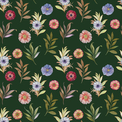 Seamless watercolor flowers pattern. Hand painted flowers and leaves of different colors. Flowers and leaves for design.