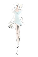 Girl in summer outfit. Hand-drawn fashion illustration. Sketch, vector