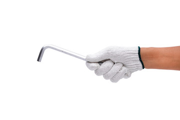 Worker hand holding spanner isolated on white background - clipping paths.