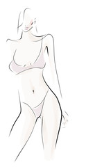 Young sexy woman, girl, model in lingerie. Slim female body. Hand-drawn illustration, vector