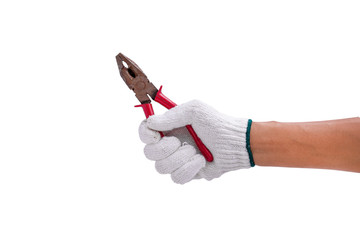 Worker hand holding pliers isolated on white background - clipping paths.