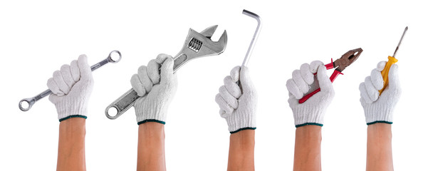 Set of worker hand holding tool construction isolated on white background - clipping paths.