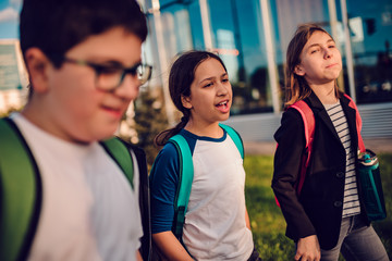 Group of school children going home after school