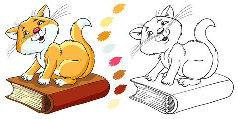 Coloring book cat on the book, red cat sitting on the book, cartoon character, flat style.