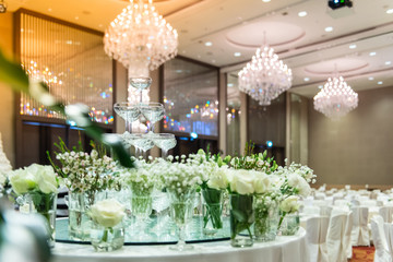 Wine glasses are arranged for parties.