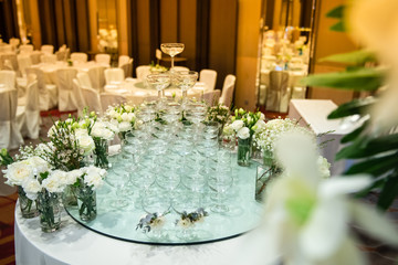 Wine glasses are arranged for parties.