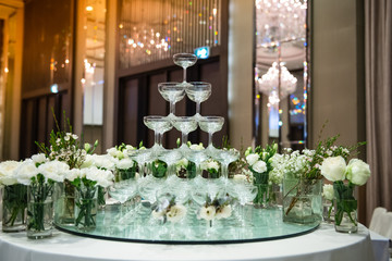 Wine glasses are arranged for parties.