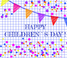 Vector template. Childrens day celebration poster, banner, card with hand drawn kids pictures on notebook paper page with flags and confetti.