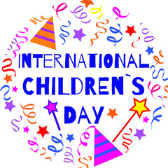 Childrens day vector template with confetti, magic stick and hat. Doodle style. 