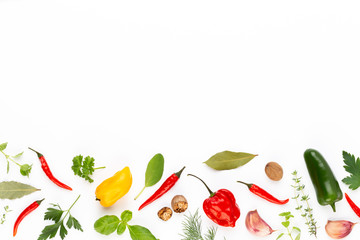Spice herbal leaves and chili pepper on white background. Vegetables pattern. Floral and vegetables on white background. Top view, flat lay.