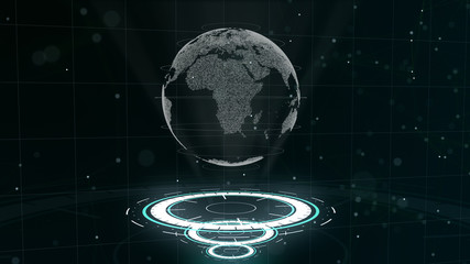 Digital data globe - abstract illustration of a scientific technology. Data network. Surrounding planet earth on three looping circles. 3D. Close up. copy space.