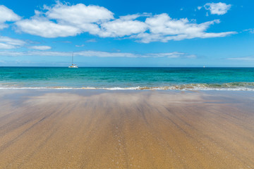 Panorama of beautiful beach and tropical sea of Lanzarote. Canaries