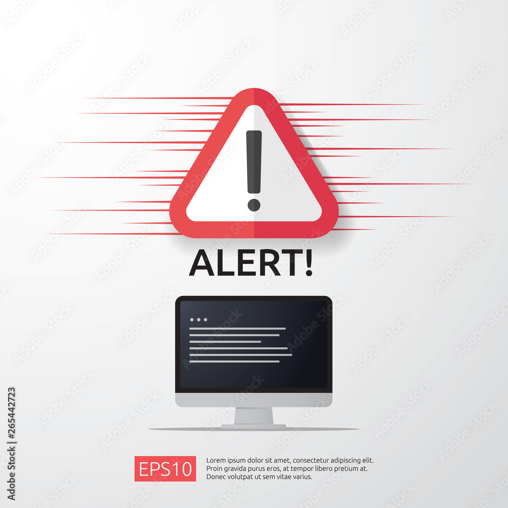 Poster attention warning attacker alert sign with exclamation mark on computer monitor screen. beware alert