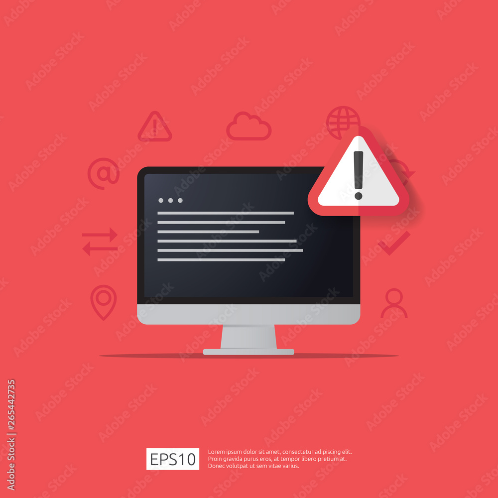 Poster attention warning attacker alert sign with exclamation mark on computer monitor screen. beware alert