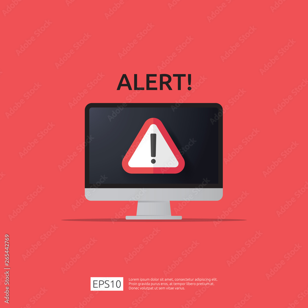 Poster attention warning attacker alert sign with exclamation mark on computer monitor screen. beware alert
