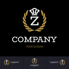 Illustration of Luxury Vintage Crest Logo with letter Z in the Middle and Luxury Crown. Calligraphic Royal Emblems and Elements Logo Icon Template on Black Background