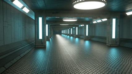 3d render interior. Futuristic hallway. Interior concept design