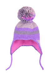 Multi-colored children's hat on strings. Warm hat for a child. Knitted baby hat isolate on a white background.