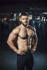 Fototapeta na wymiar Good looking young man bodybuilder with beard standing posing in front of the mirror at the gym darkened slogan background . Athlete showing straining veins on hands and bubble guts vertical