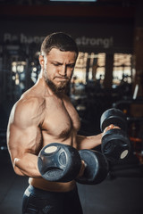 Fototapeta na wymiar Good looking young man bodybuilder lifting dumbbells working on his biceps screaming shouting in front of the mirror at the gym. Athlete holding dumbbells showing straining veins on hands bubble guts