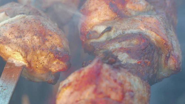 Shish Kebab (Meat) On The Fire Of Coals And Smoke.