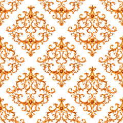 Baroque golden elements ornamental seamless pattern. Watercolor hand drawn gold element texture on white background.